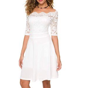 Off the Shoulder White Lace Top Fit/Flare Dress